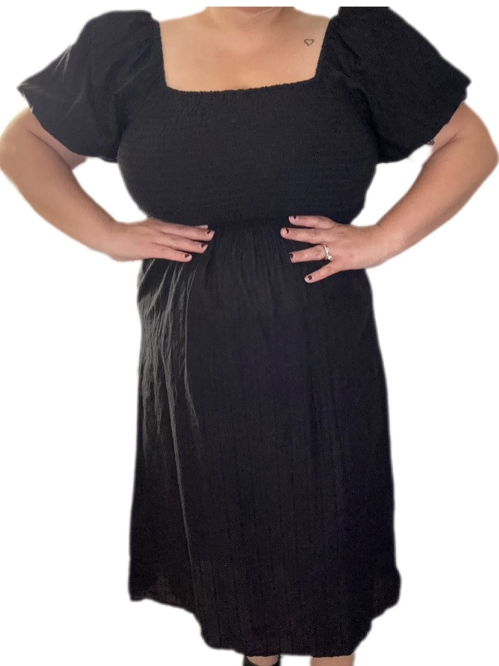 Disturbia Black Square-Neck Puff Sleeve Midi Dress Medium